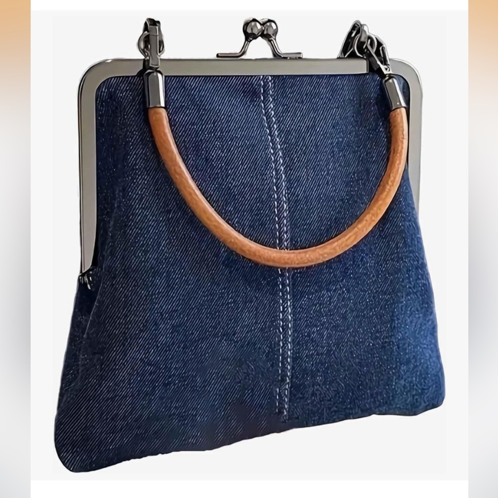 🆕 Denim Crossbody Tote Bags For Women, Mini Blue Denim Totebag Kiss Lock Purses